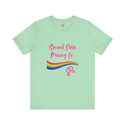 Light green t-shirt with 'Second Date Moving Co.' text and rainbow design on a white background