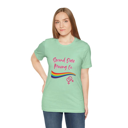 Person wearing a light green t-shirt with 'Second Date Moving Co.' text and rainbow design on a white background
