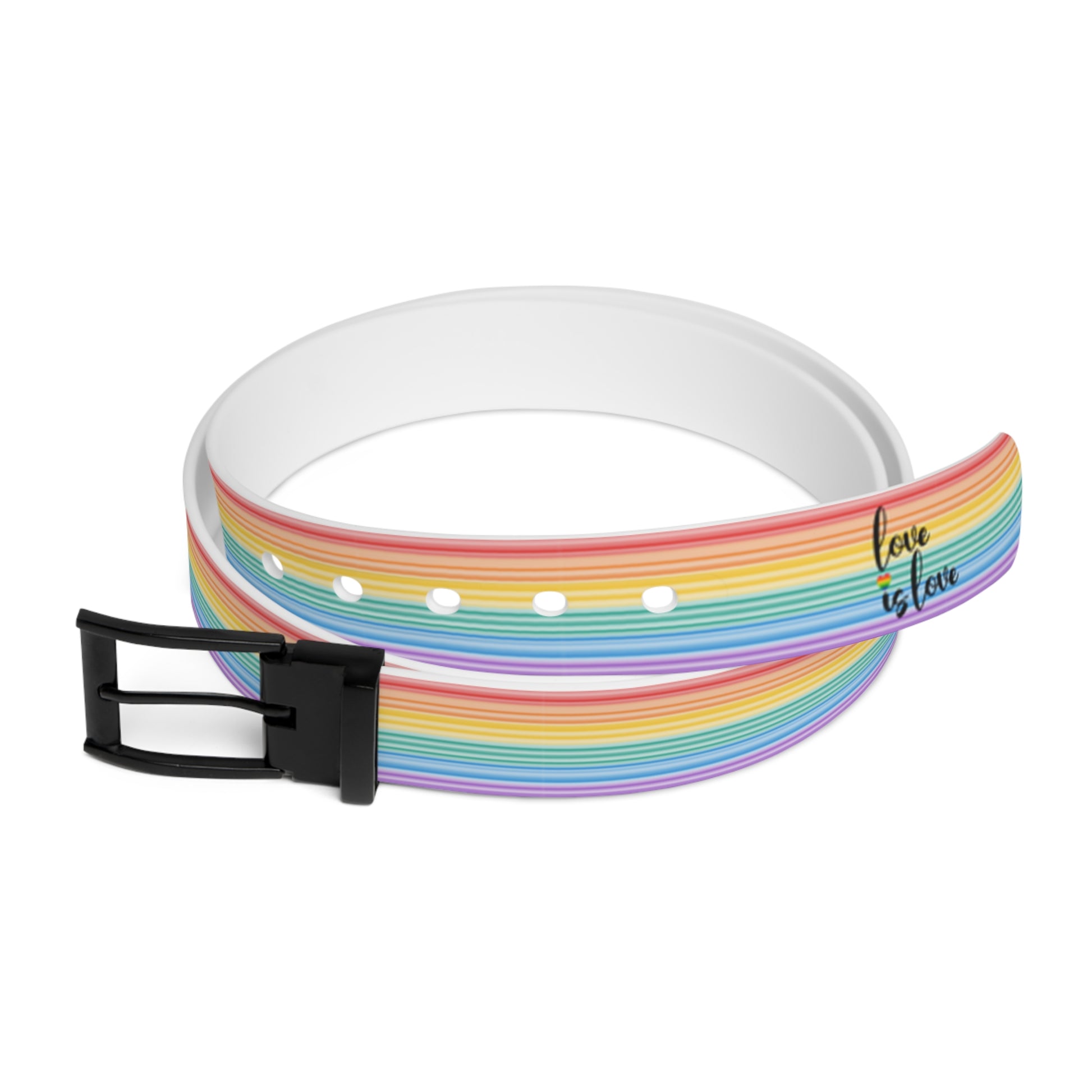 The Worldwide-PRIDE rainbow-striped Love is Love belt with black buckle, showing support for the LGBTQ+ community, with one hand in their pocket.