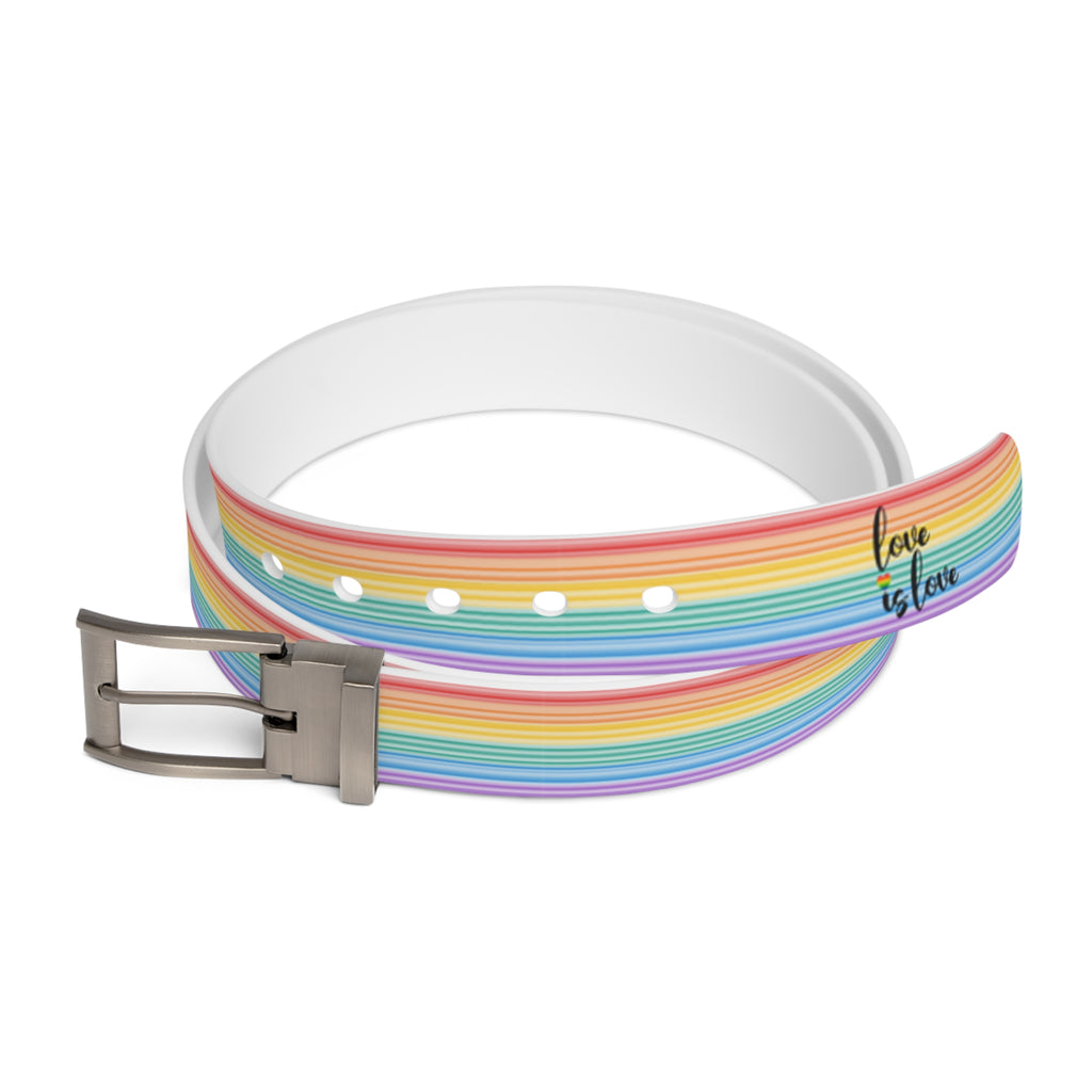 The Worldwide-PRIDE rainbow-striped Love is Love belt with gun metal buckle, showing support for the LGBTQ+ community.