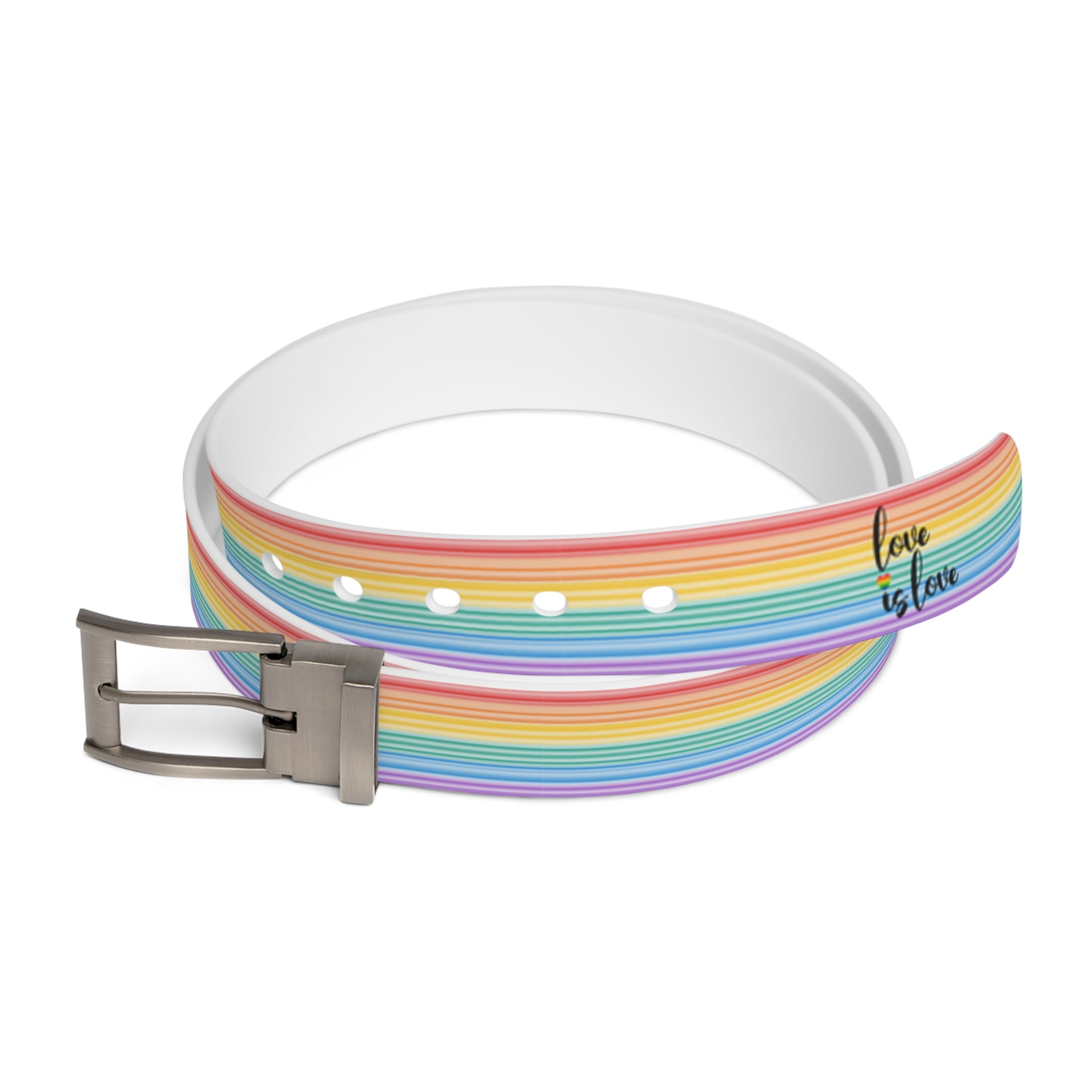 The Worldwide-PRIDE rainbow-striped Love is Love belt with gun metal buckle, showing support for the LGBTQ+ community.