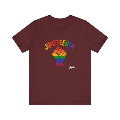 Maroon t-shirt with 'Juneteenth' and rainbow fist graphic on a white background