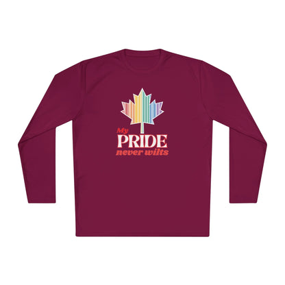 A long sleeve maroon t-shirt with a colorful graphic that reads 'My PRIDE never wilts'.