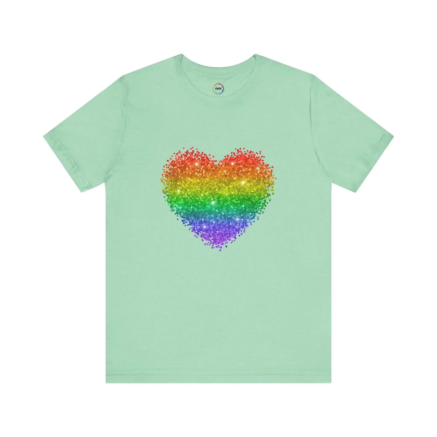 A mint green t-shirt with a glitter rainbow heart design.