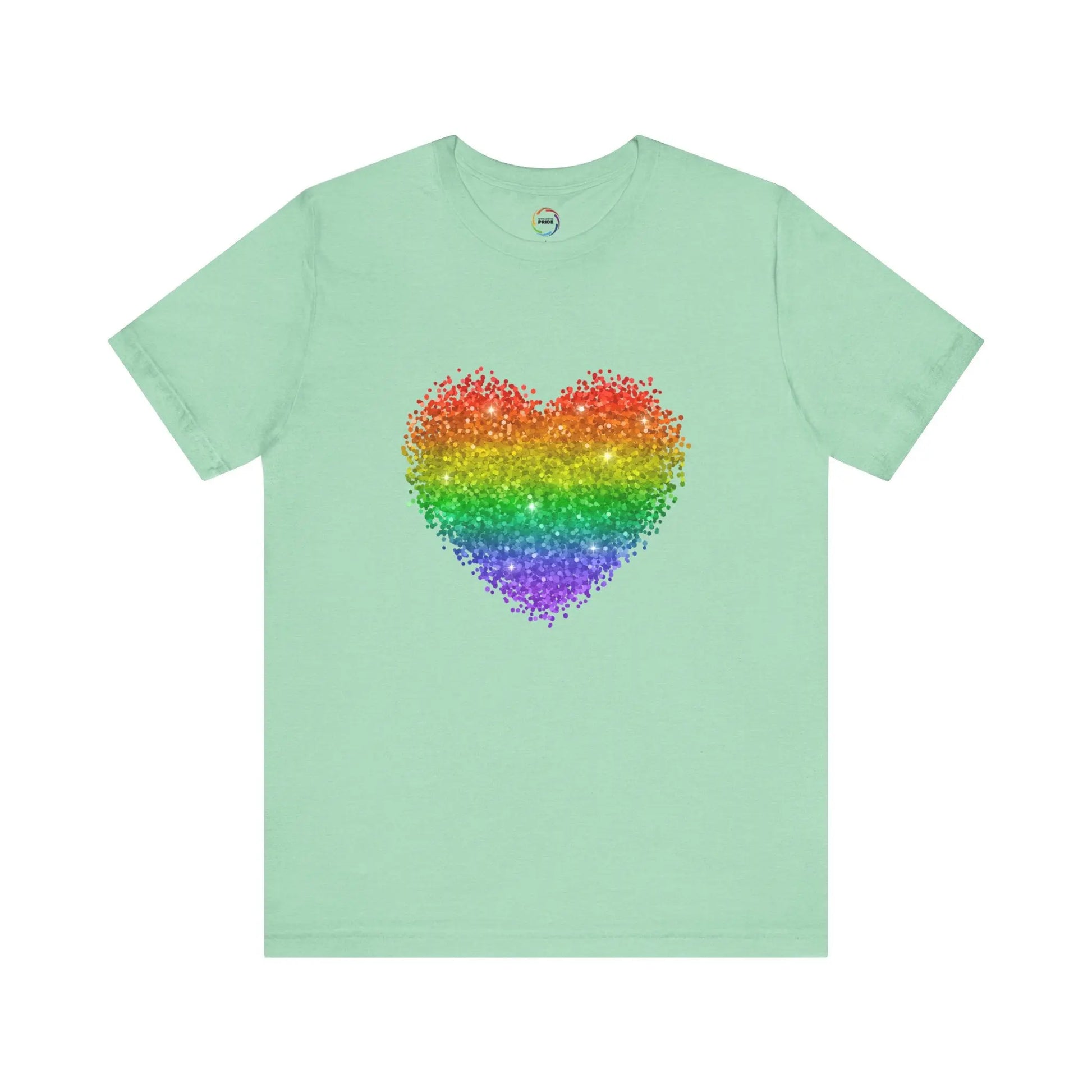 A mint green t-shirt with a glitter rainbow heart design.