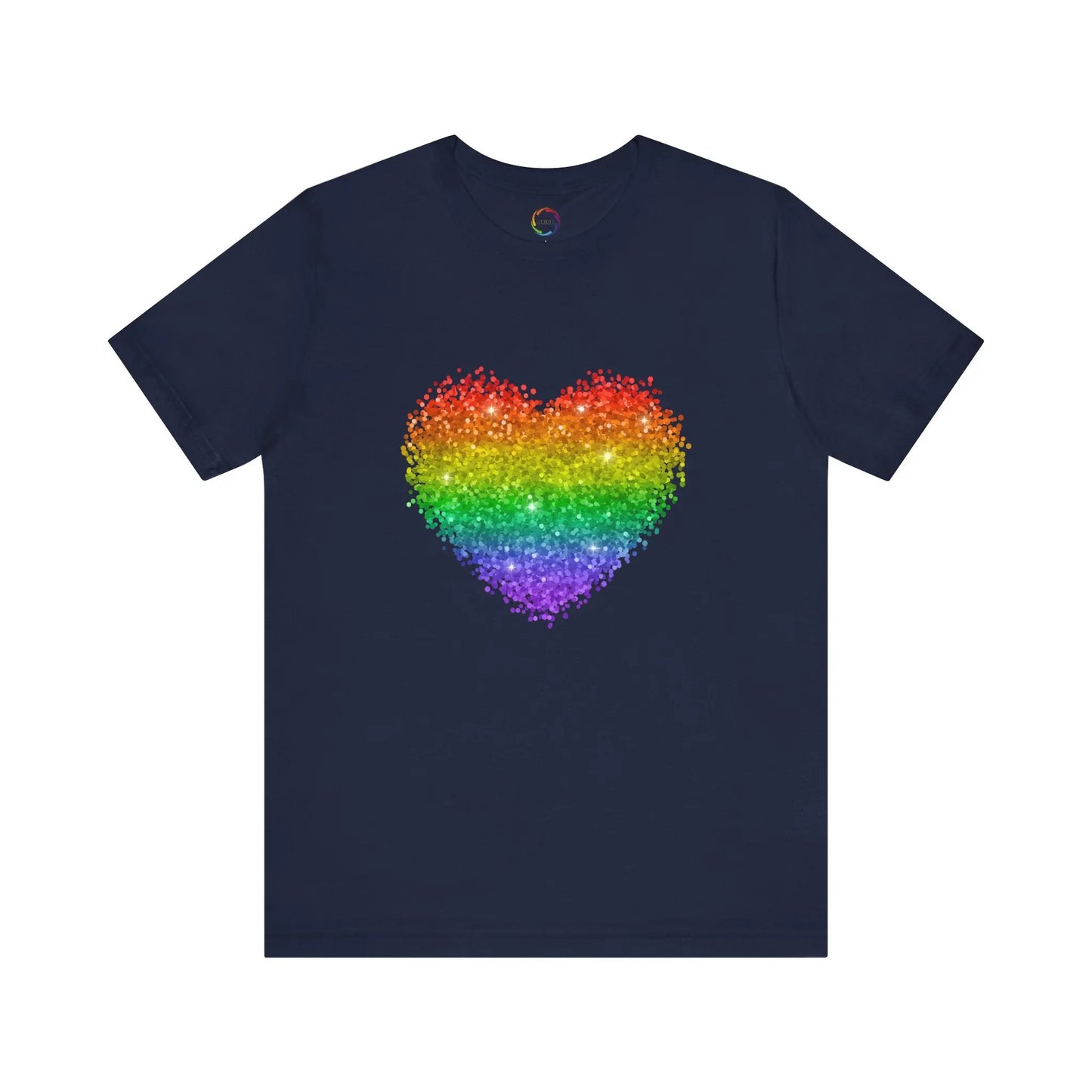 A navy blue t-shirt with a glitter rainbow heart design.