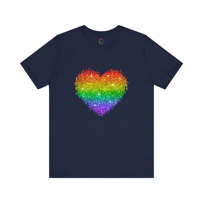 A navy blue t-shirt with a glitter rainbow heart design.