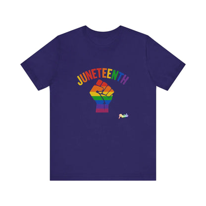 Navy blue t-shirt with 'Juneteenth' and rainbow fist graphic on a white background