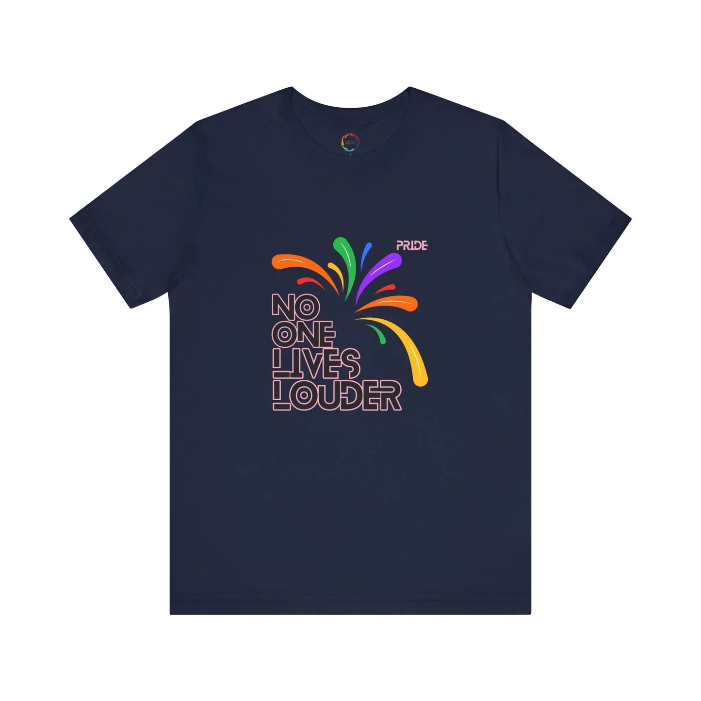 A navy blue short sleeve tee with text saying "No One Lives Louder" and a fireworks design.