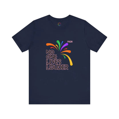 A navy blue short sleeve tee with text saying "No One Lives Louder" and a fireworks design.