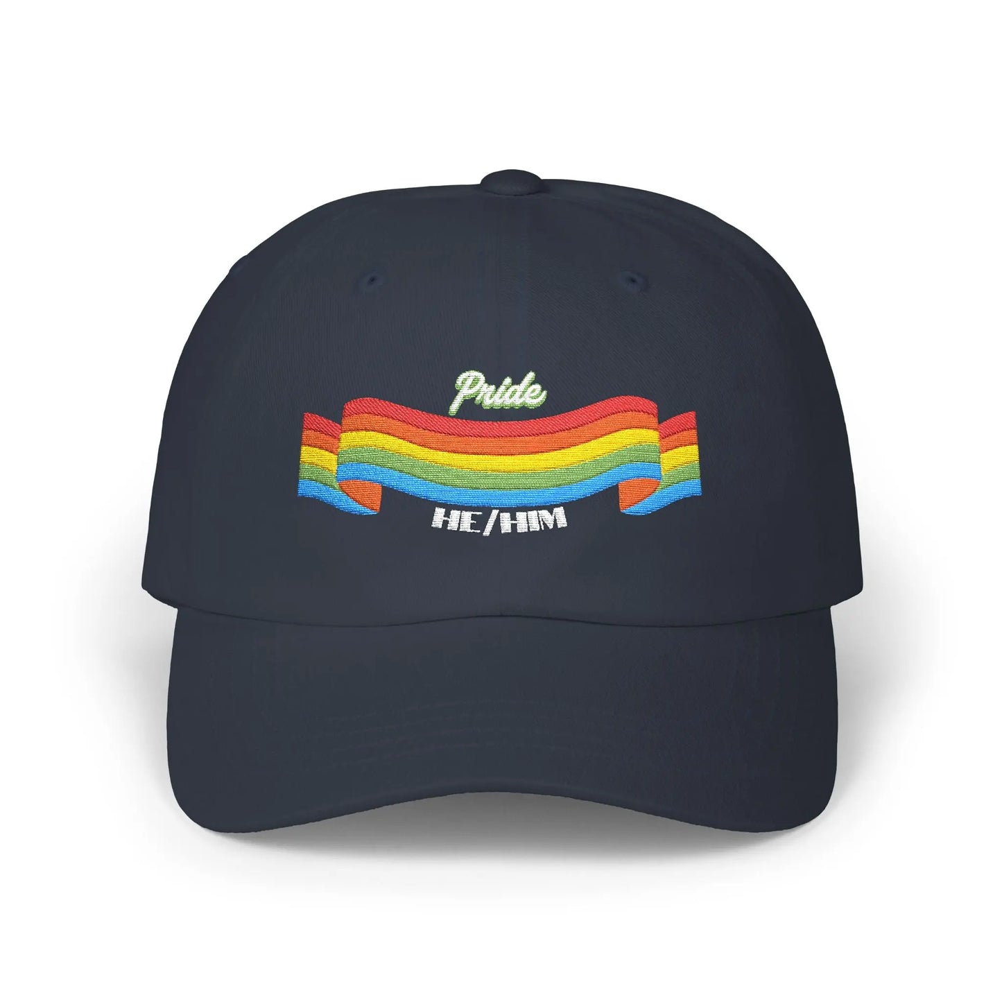 A navy blue cap from the Worldwide PRIDE store, featuring a rainbow design and the embroidered pronouns he/him.