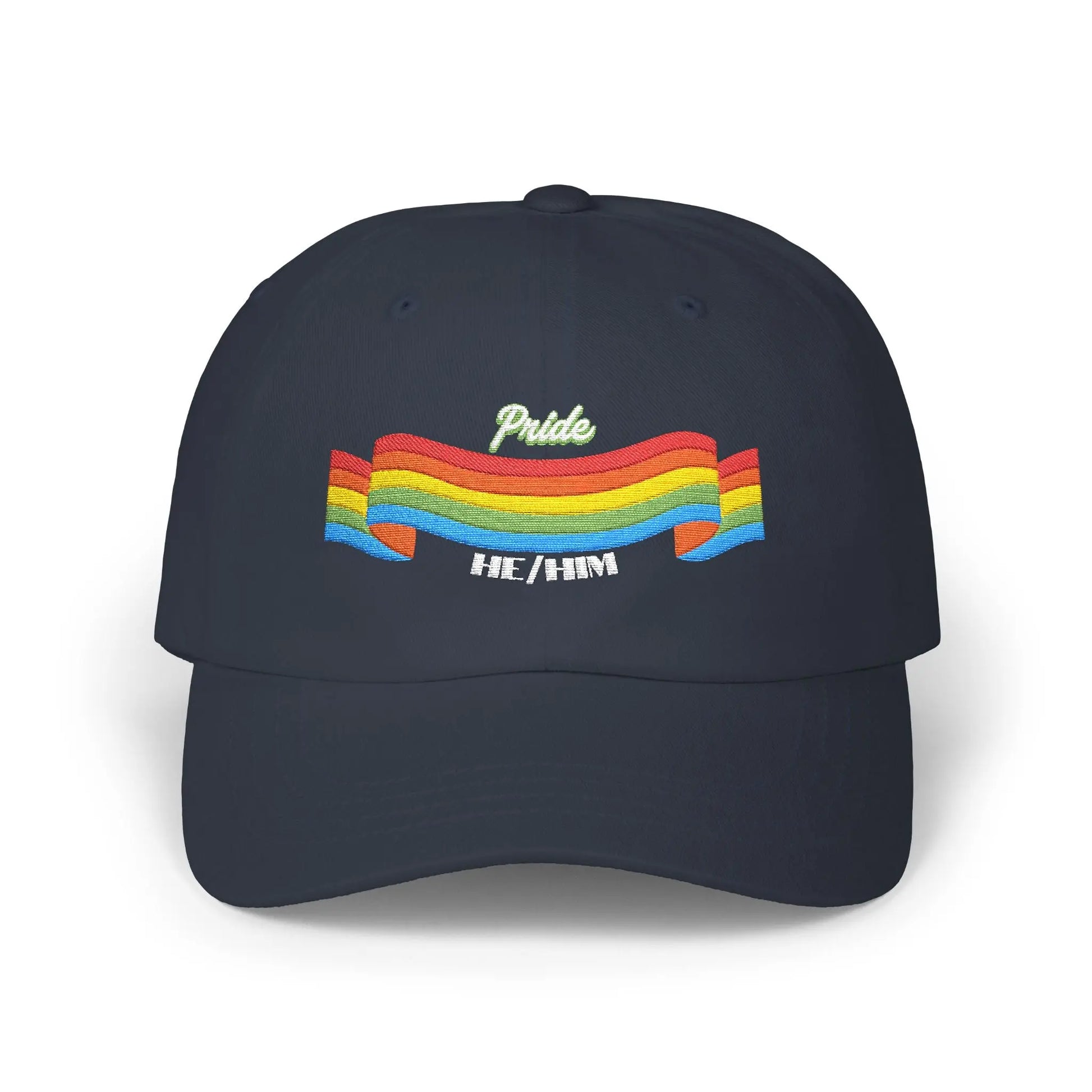 A navy blue cap from the Worldwide PRIDE store, featuring a rainbow design and the embroidered pronouns he/him.