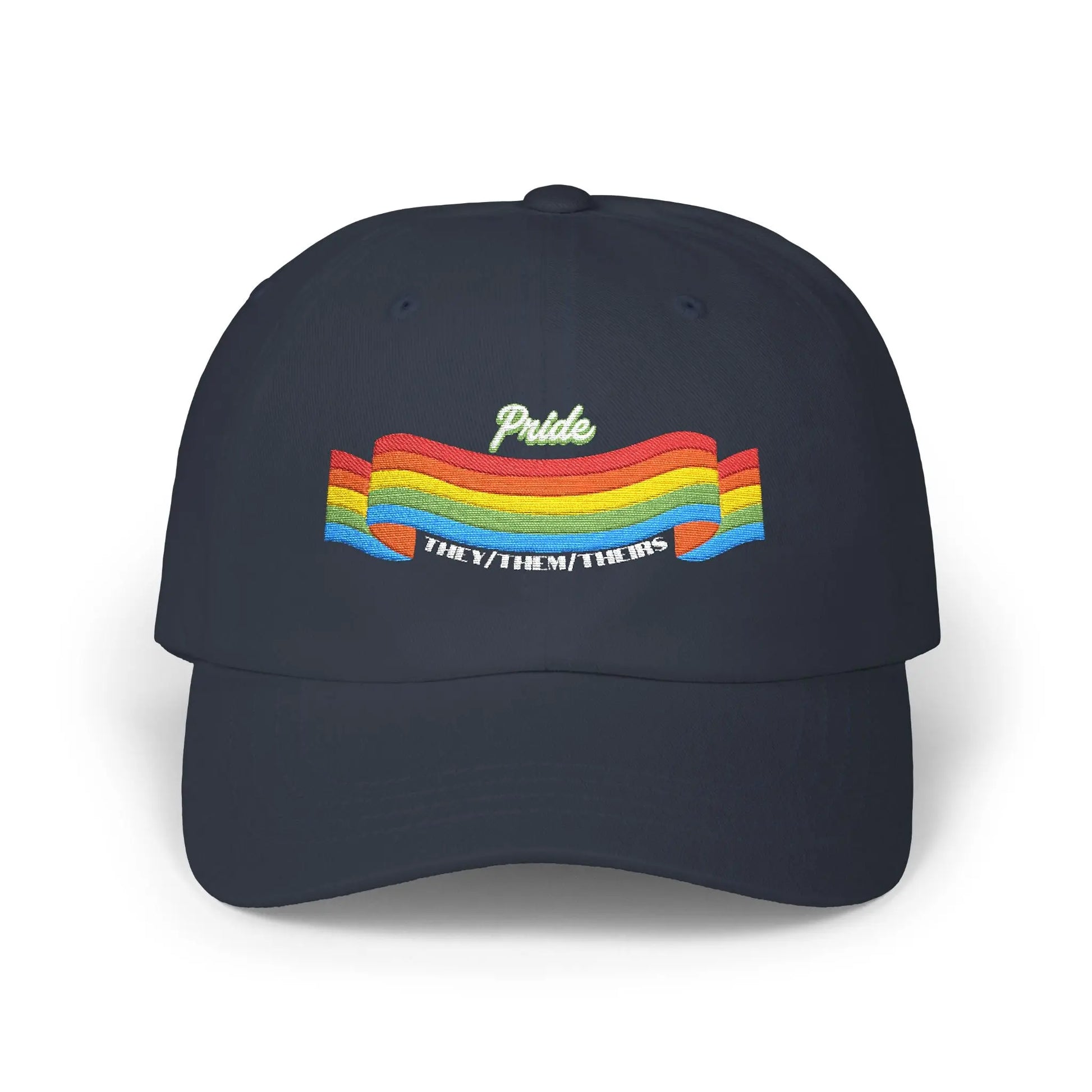 A navy blue cap from the Worldwide PRIDE store, featuring a rainbow design and the embroidered pronouns they/them/theirs.