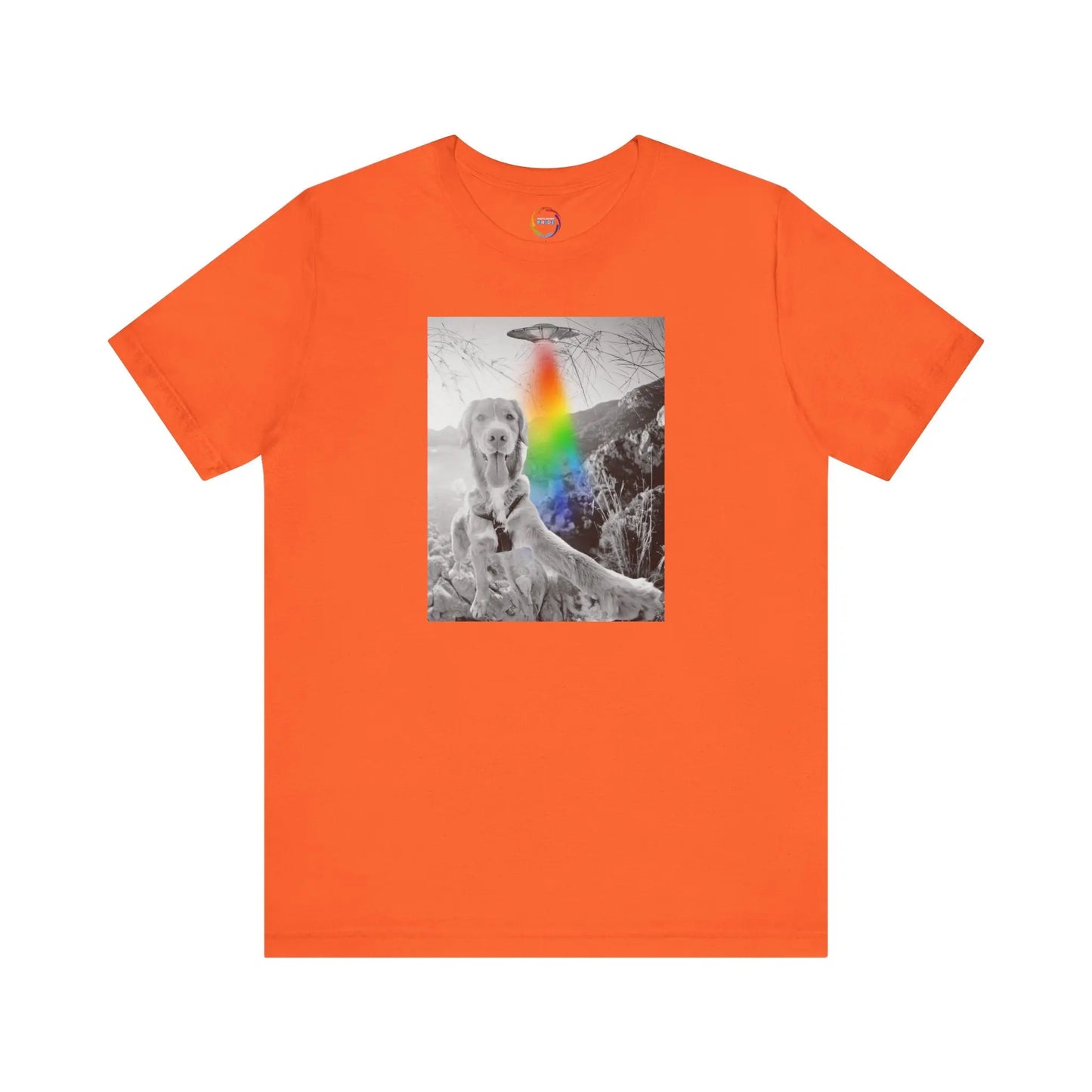 Orange t-shirt with a graphic of a dog with a rainbow and UFO on a white background