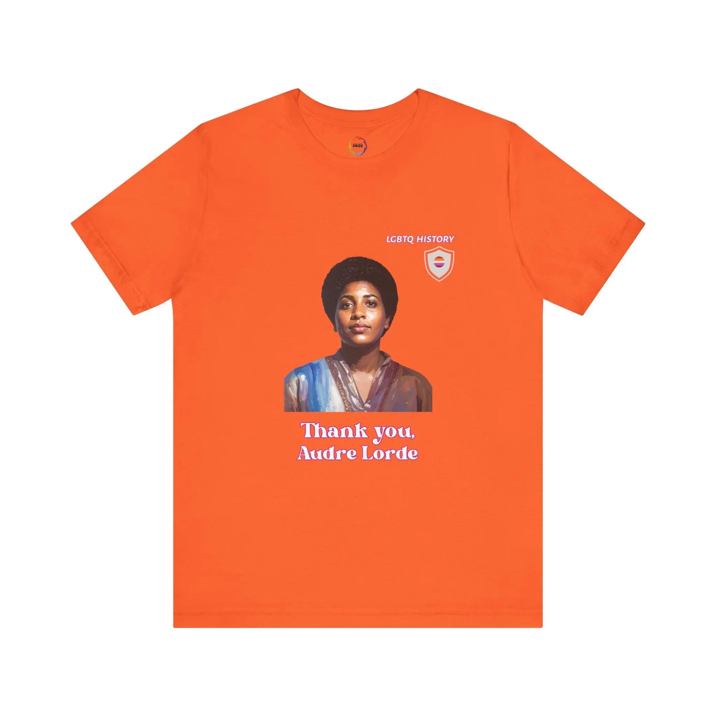 Orange t-shirt with a graphic of Audre Lorde and text on a white background