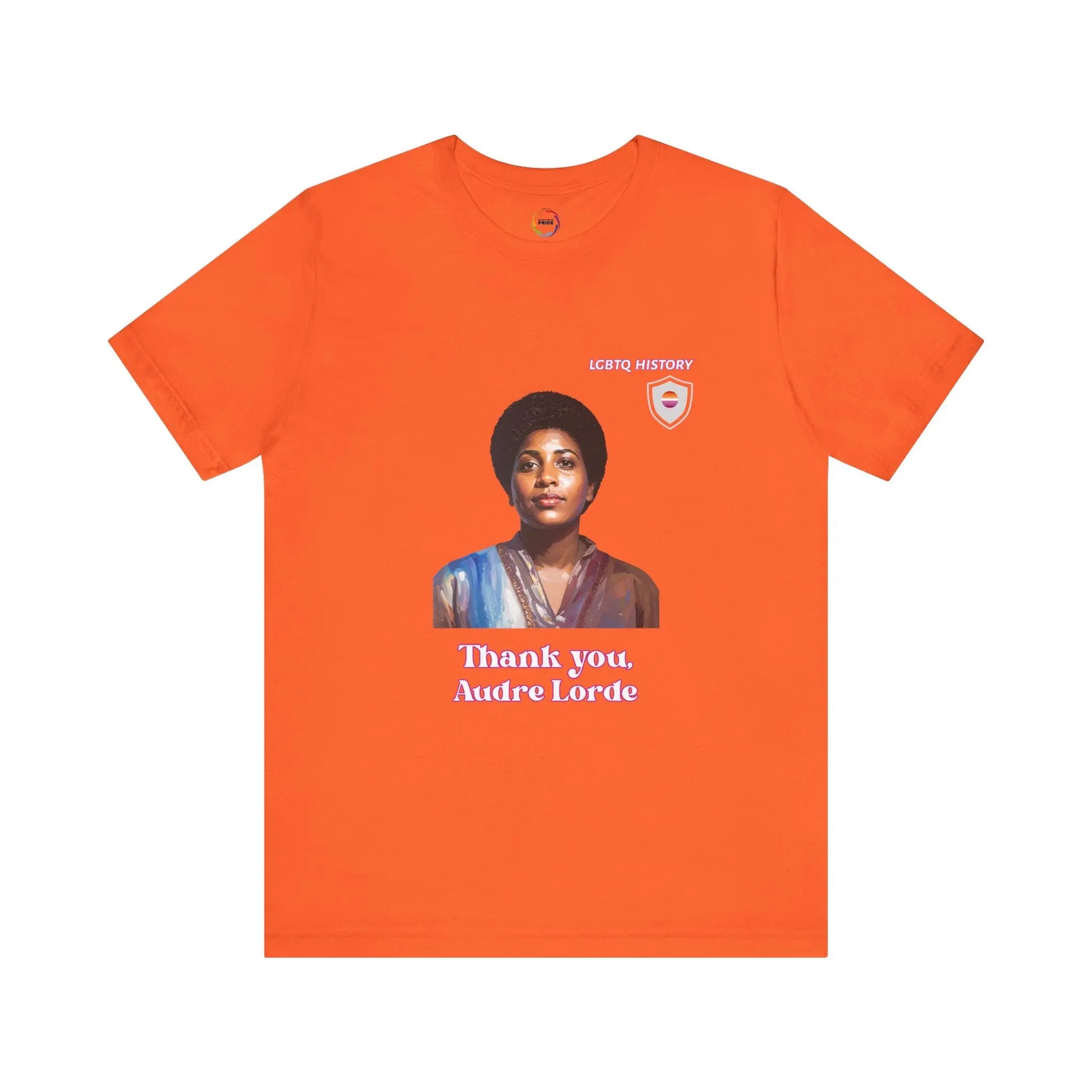 Orange t-shirt with a graphic of Audre Lorde and text on a white background