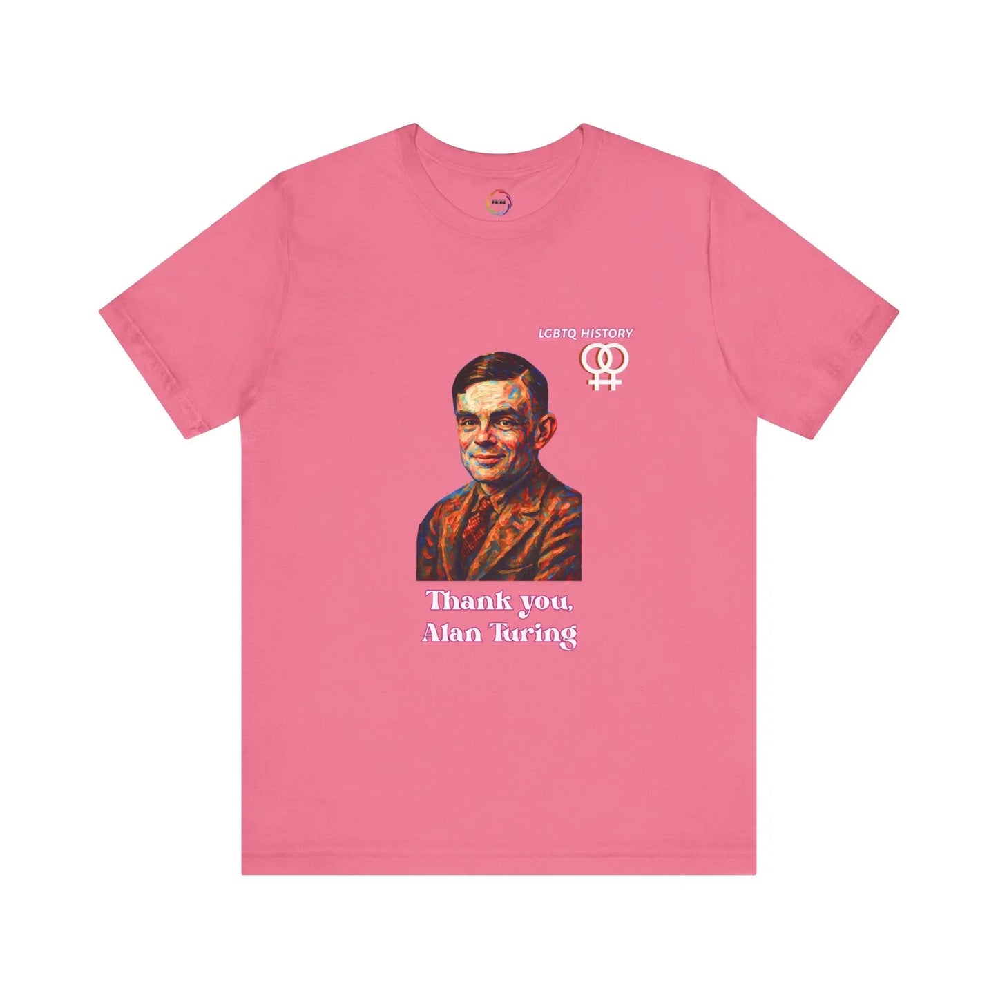 Pink t-shirt with a graphic of a person and text on a white background