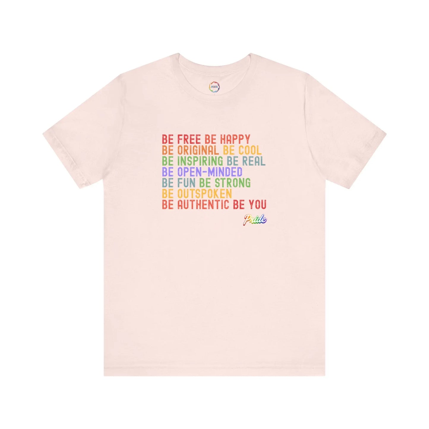 Pink t-shirt with motivational quote in colorful letters on a white background