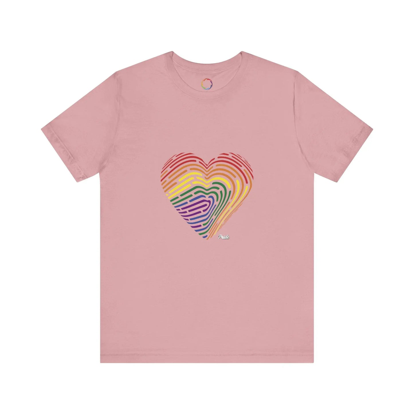 Pink t-shirt with a rainbow fingerprint heart design on a white background