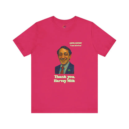 Pink t-shirt with a graphic of Harvey Milk and text on a white background