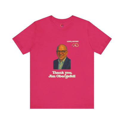 Pink t-shirt with a graphic of Jim Obergefell and text on a white background