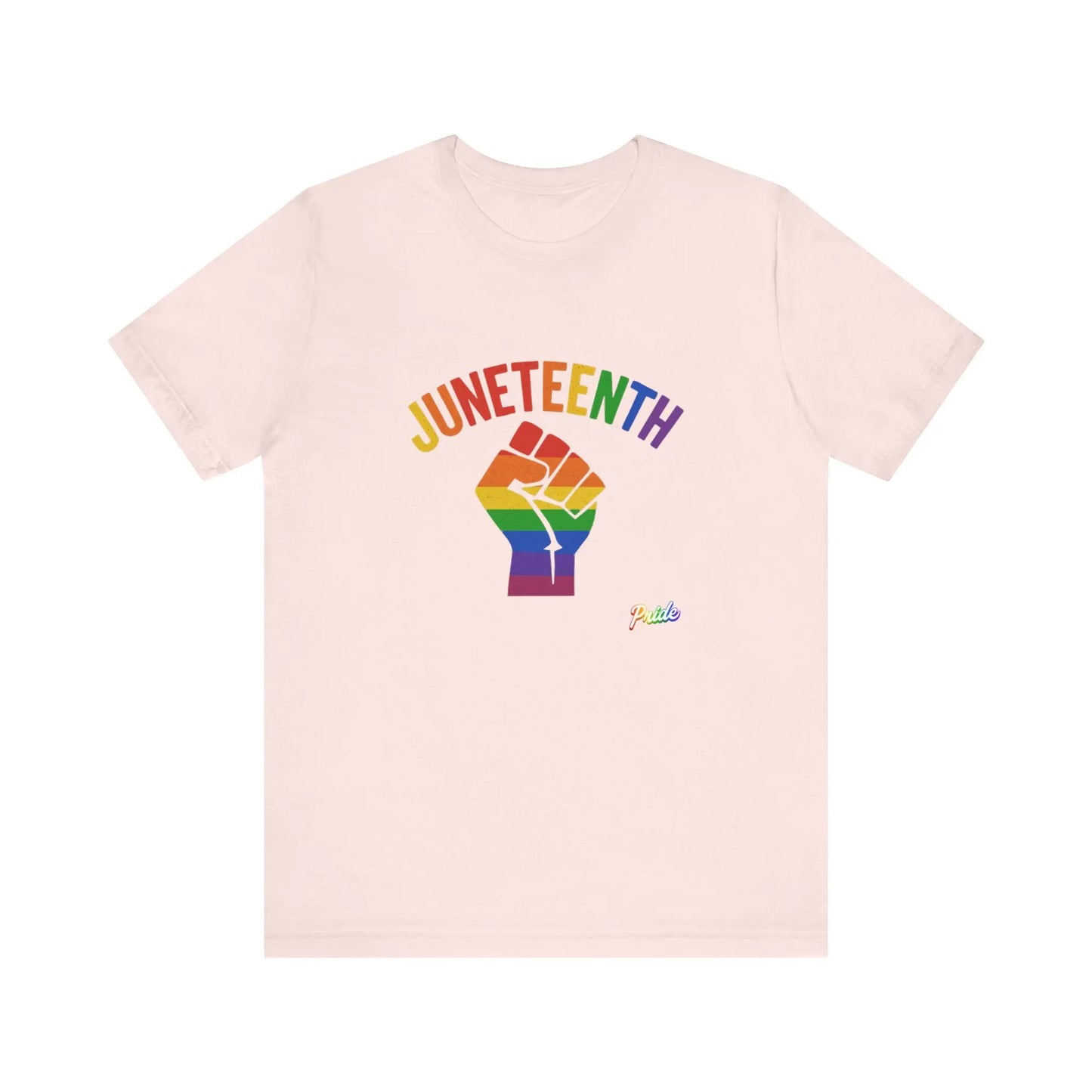 Pink t-shirt with 'Juneteenth' and rainbow fist design on a white background