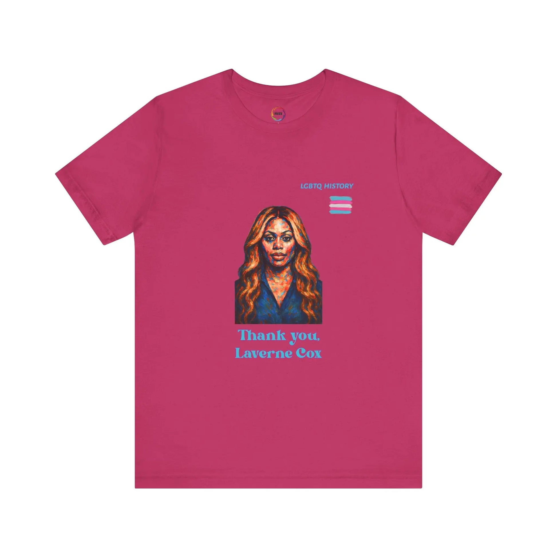 Pink t-shirt with a graphic of Laverne Cox and text on a white background