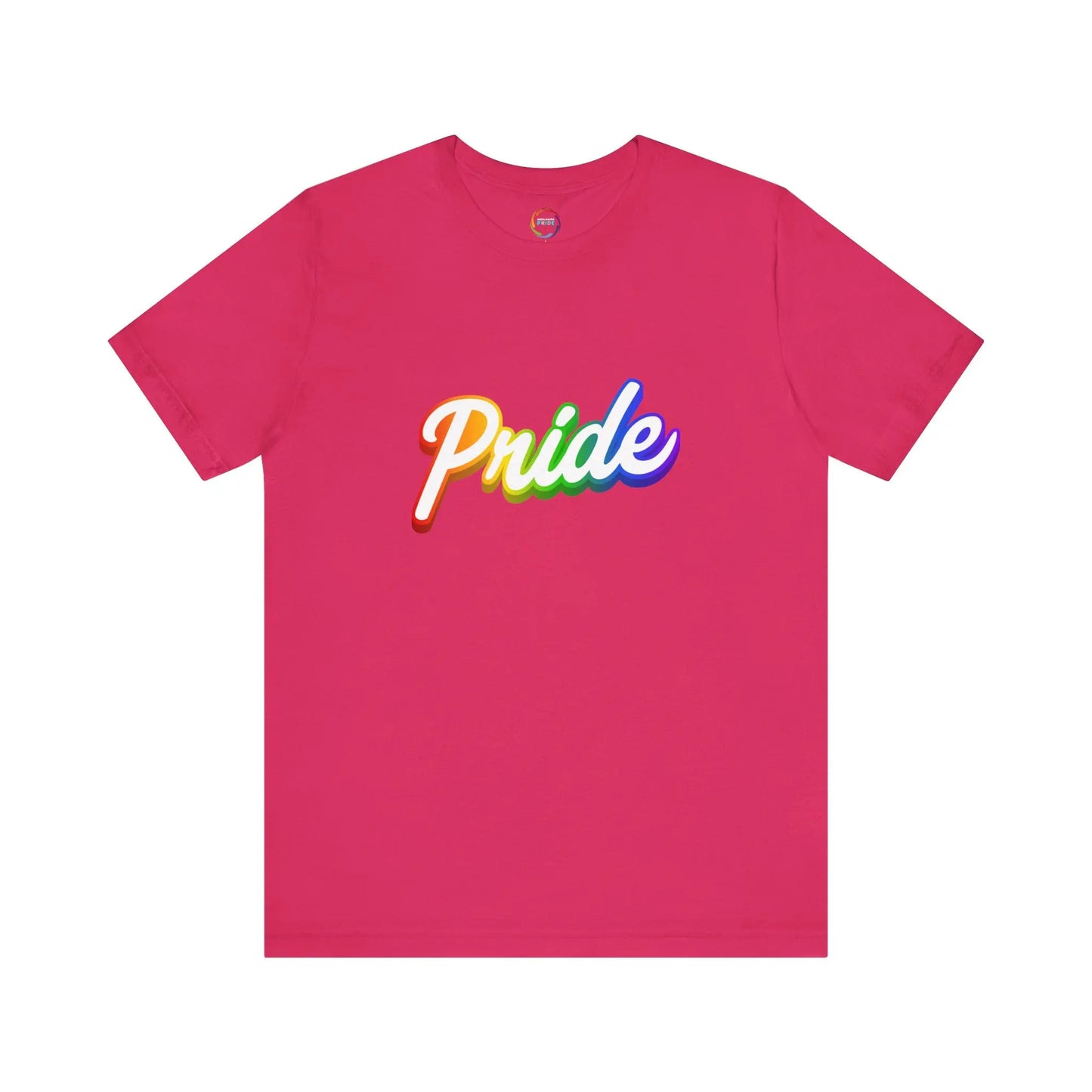 Pink t-shirt with 'Pride' in colorful letters on a white background