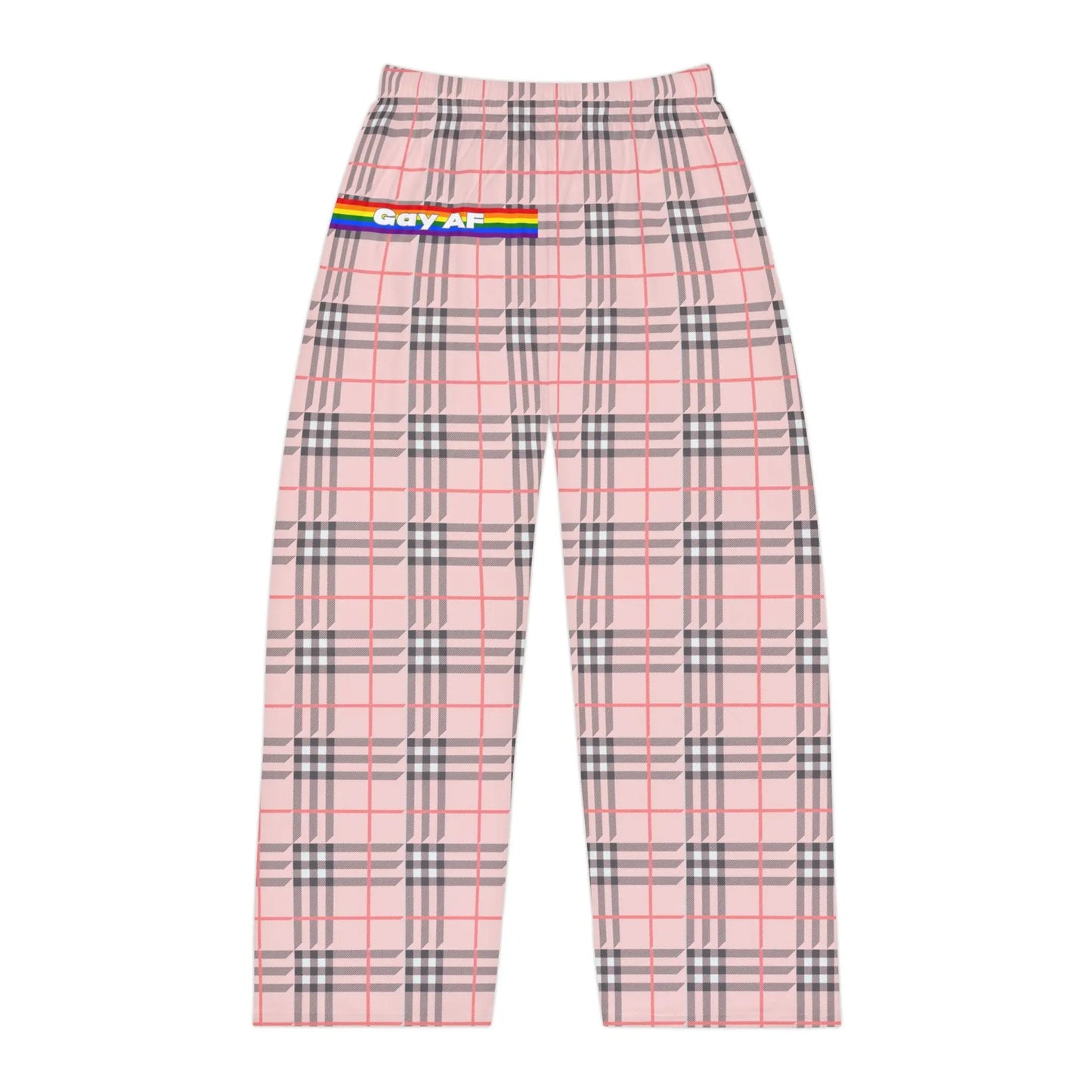 A pair of multicolored plaid pajama pants with 'Gay AF' text on the right leg
