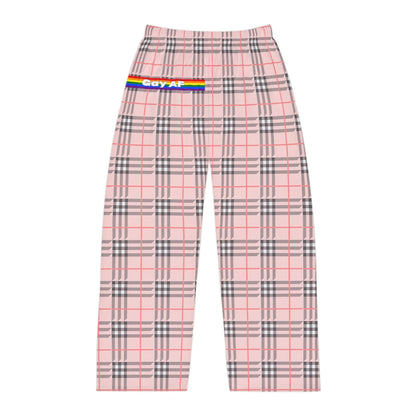 A pair of multicolored plaid pajama pants with 'Gay AF' text on the right leg