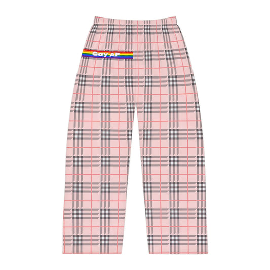 A pair of multicolored plaid pajama pants with 'Gay AF' text on the right leg