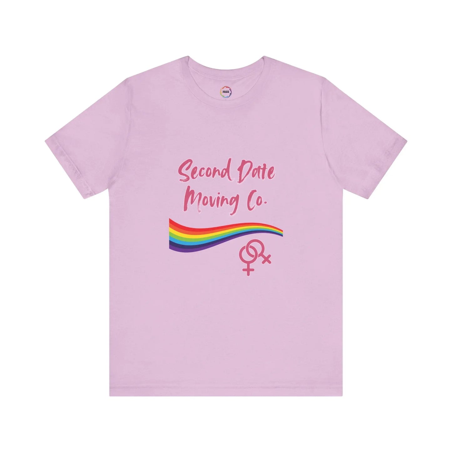 Pink t-shirt with 'Second Date Moving Co.' text and rainbow design on a white background