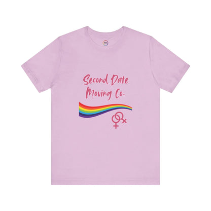 Pink t-shirt with 'Second Date Moving Co.' text and rainbow design on a white background