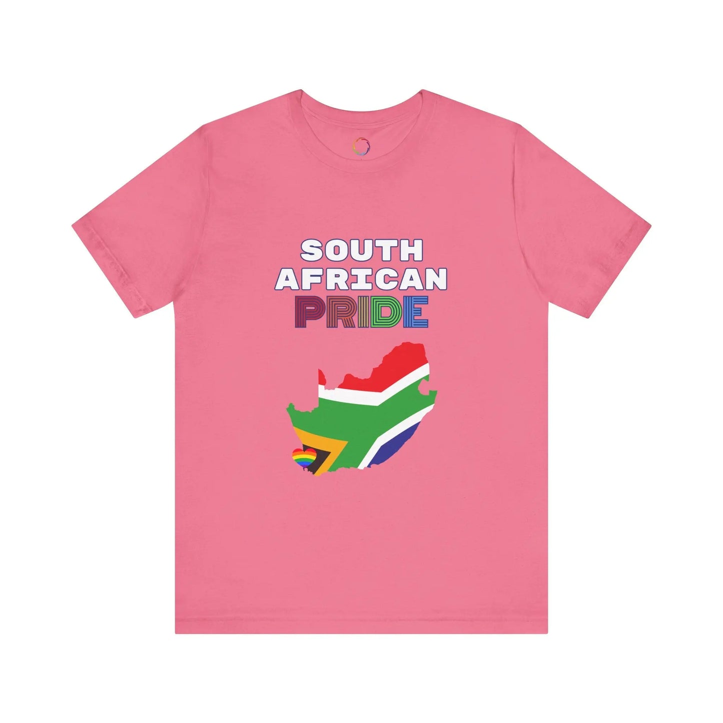 A pink short-sleeve t-shirt with 'SOUTH AFRICAN PRIDE' text and a graphic of the South African flag on it.