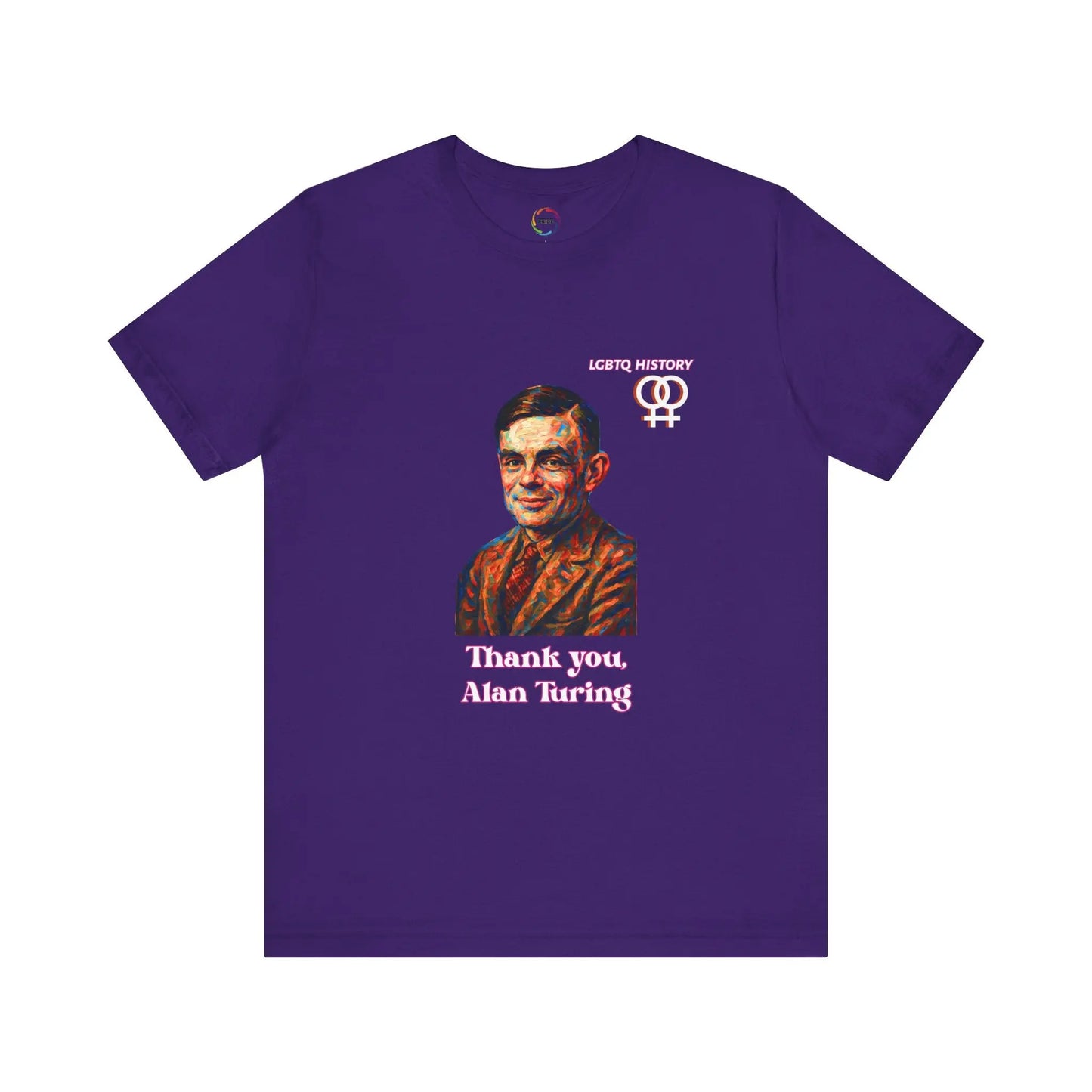 Purple t-shirt with a graphic of Alan Turing and text on a white background