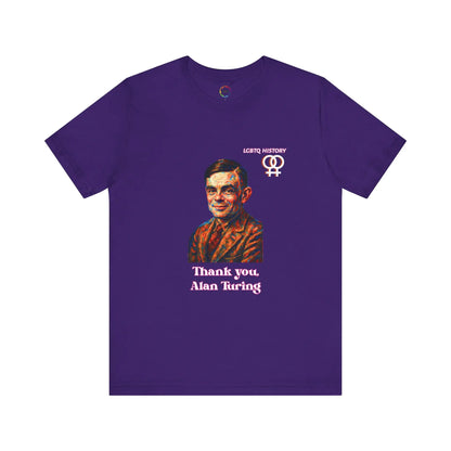 Purple t-shirt with a graphic of Alan Turing and text on a white background