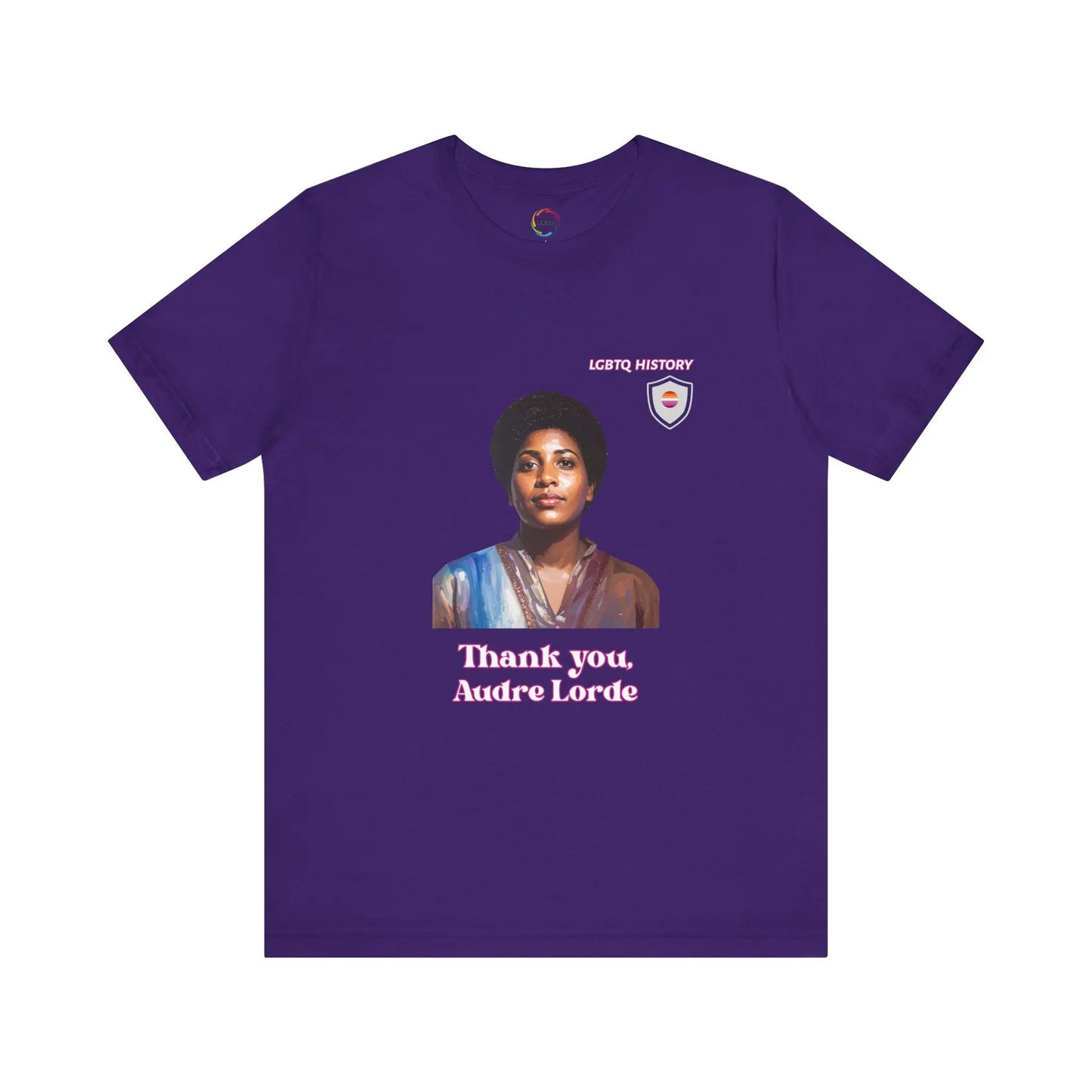 Purple t-shirt with a graphic of Audre Lorde and text 'Thank you, Audre Lorde' on a white background