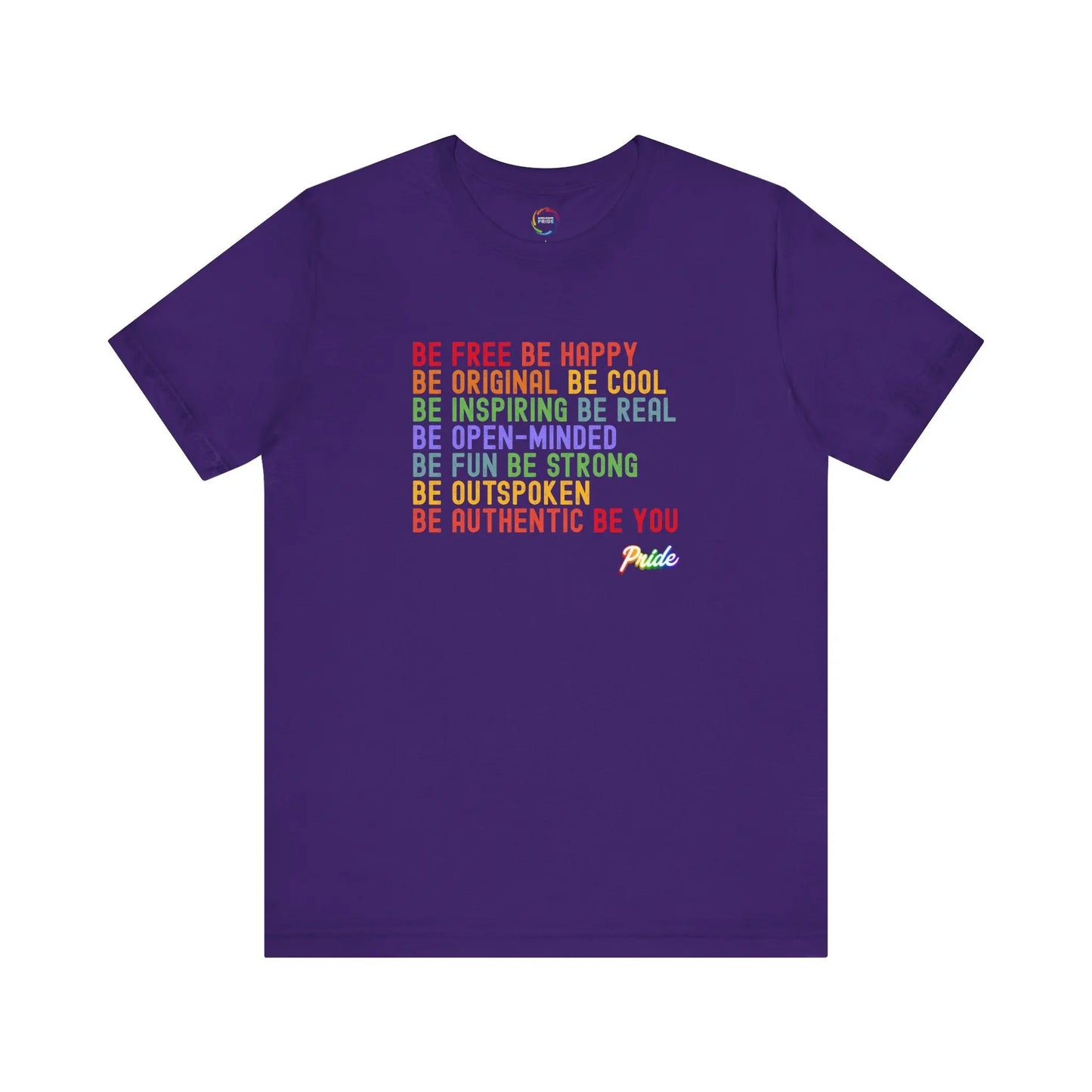Purple t-shirt with motivational text in various colors on a white background