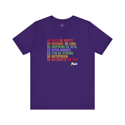Purple t-shirt with motivational text in various colors on a white background