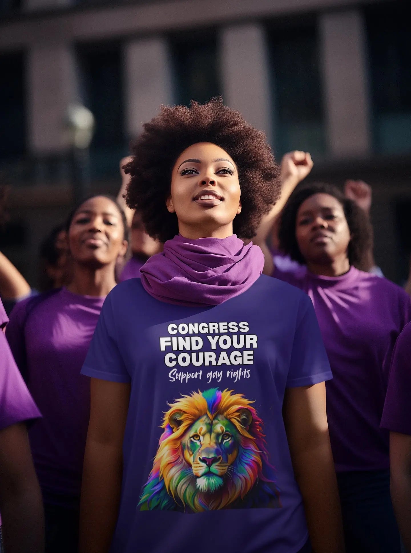 A person wearing a purple t-shirt with a graphic and text that supports gay rights, standing in front of a group of people engaged in a demonstration.