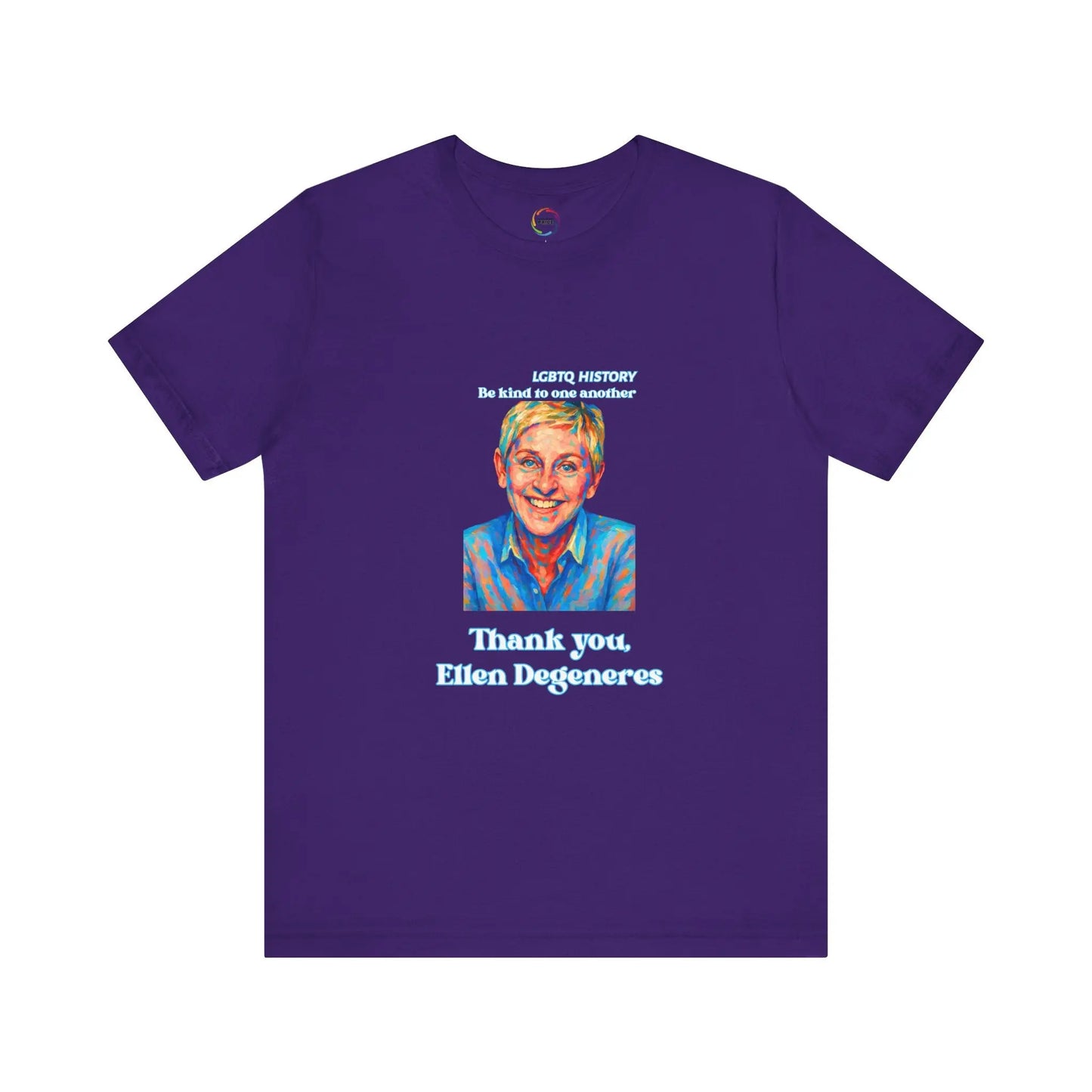 Purple t-shirt with a graphic of Ellen DeGeneres and text on a white background