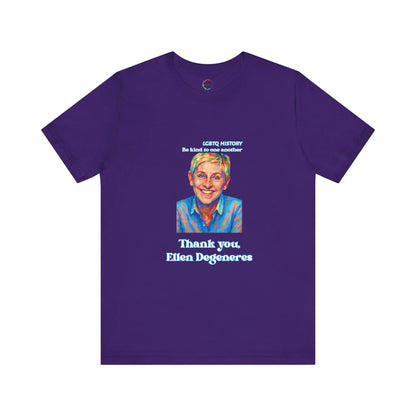 Purple t-shirt with a graphic of Ellen DeGeneres and text on a white background