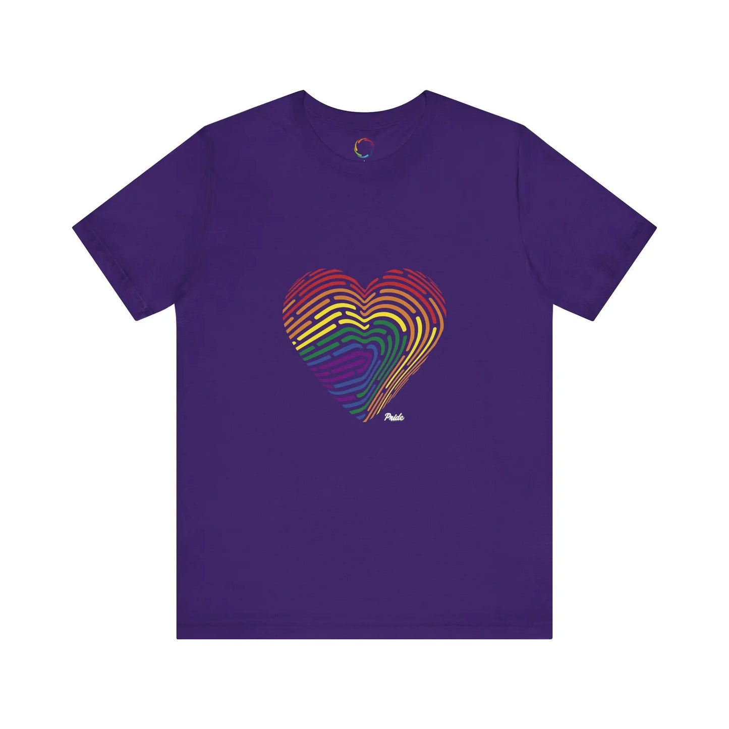 Purple t-shirt with a rainbow fingerprint heart design on a white background
