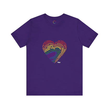 Purple t-shirt with a rainbow fingerprint heart design on a white background