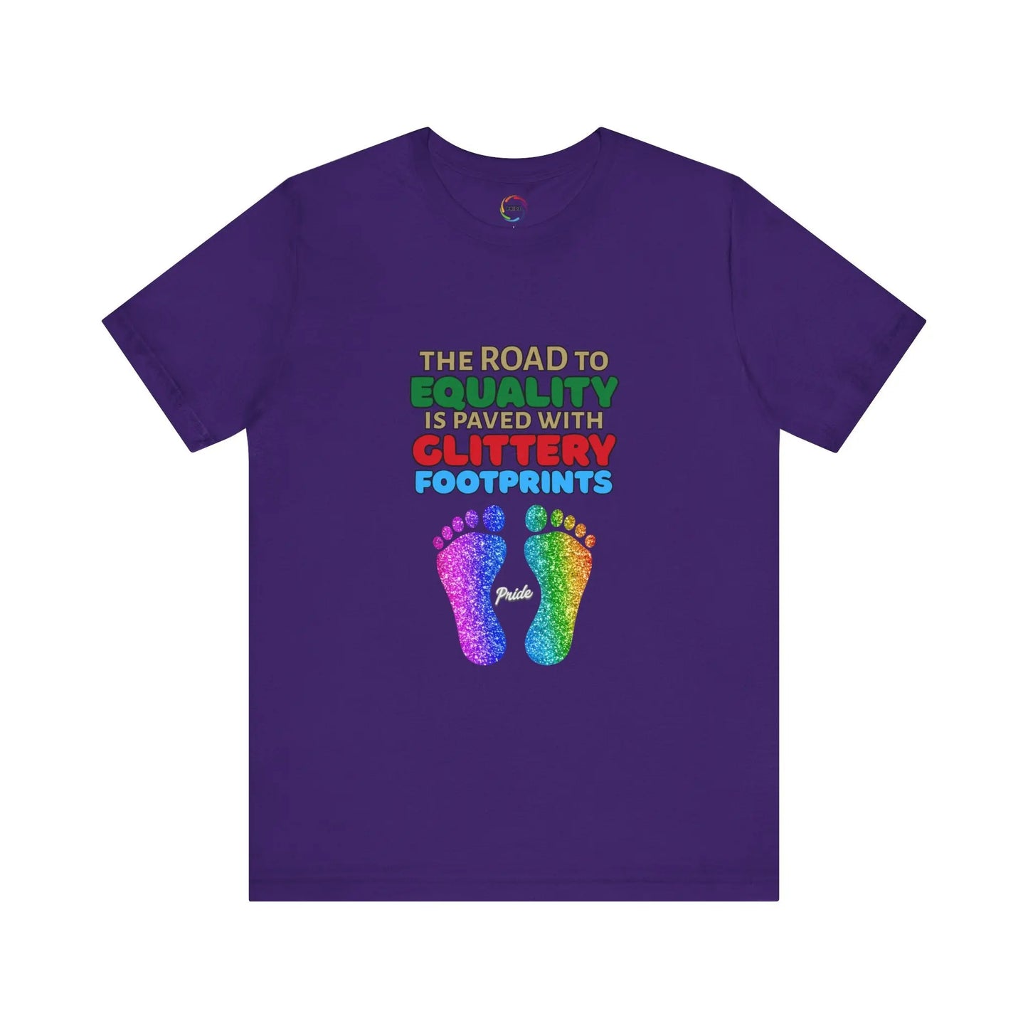 A purple unisex short-sleeve t-shirt with a graphic of multicolored glitter footprints and the text 'THE ROAD TO EQUALITY IS LITTERED WITH GLITTERY FOOTPRINTS'.