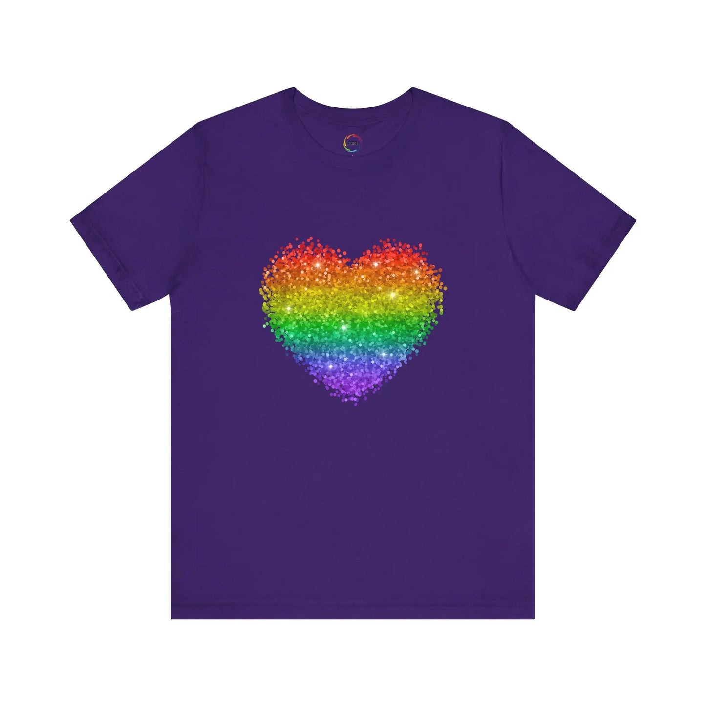 A purple t-shirt with a glitter rainbow heart design.