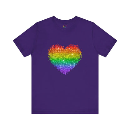 A purple t-shirt with a glitter rainbow heart design.