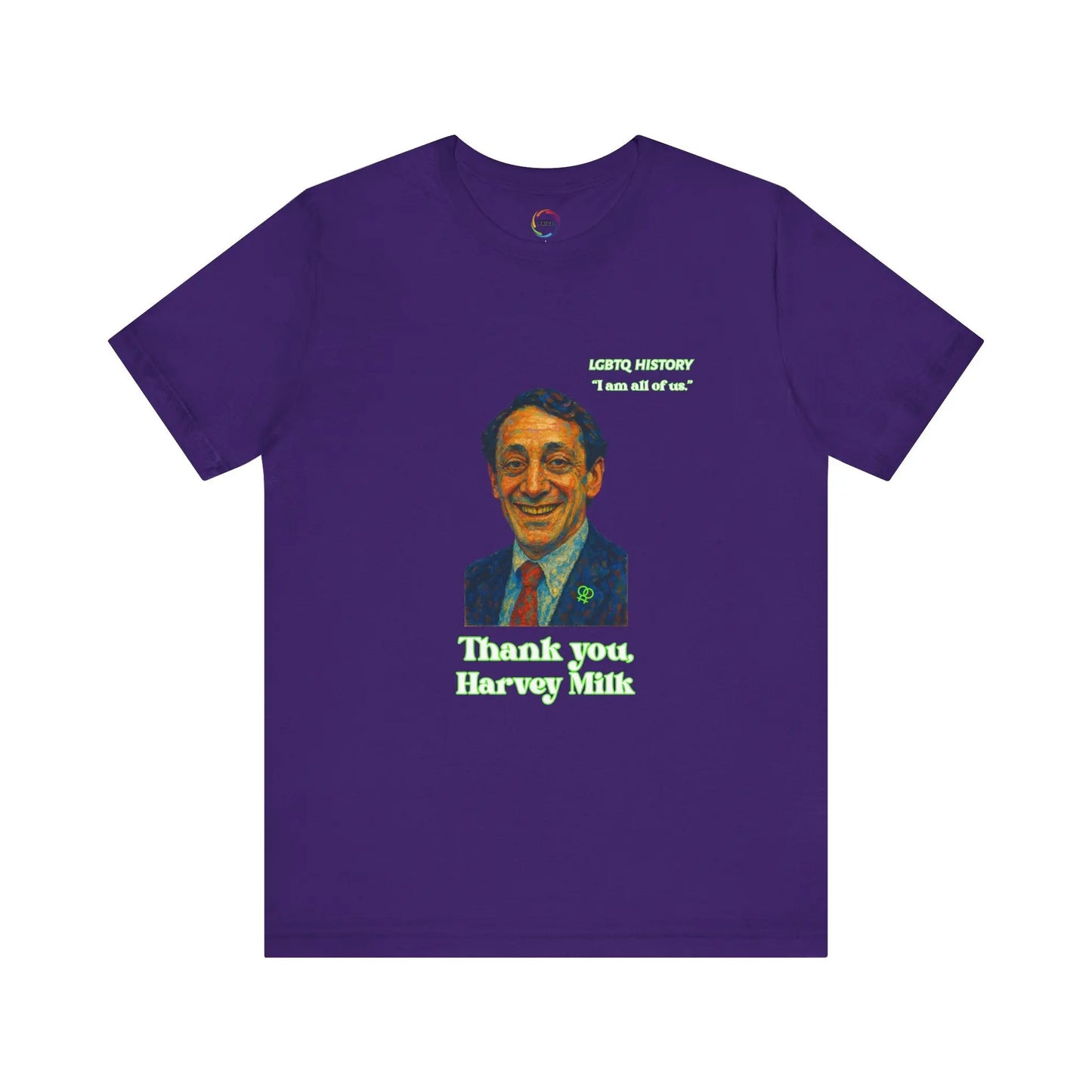 Purple t-shirt with a graphic of Harvey Milk and text on a white background
