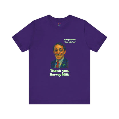 Purple t-shirt with a graphic of Harvey Milk and text on a white background