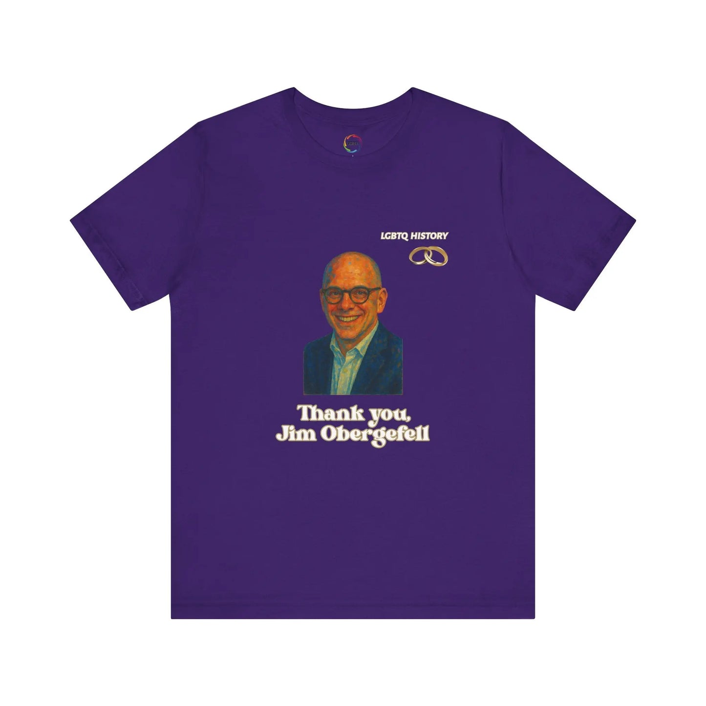 Purple t-shirt with a graphic of Jim Obergefell and text on a white background